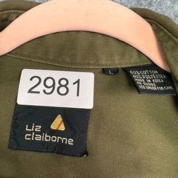 Liz Claiborne Shirt Dress Size L Olive Green Belted Snap Button Curved Hem Vtg - Picture 4 of 13